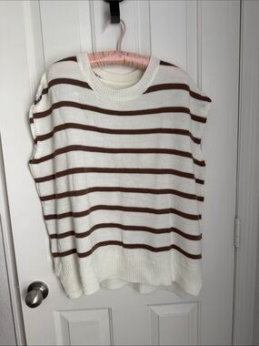 Relaxed Cream & Brown Striped Sleeveless Crew Sweater
